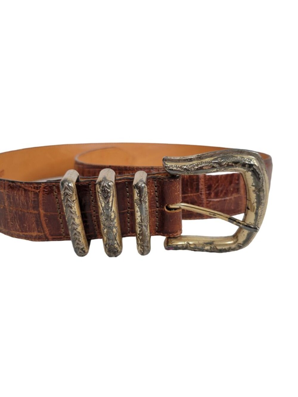 Brighton Womens Size L Belt 1993 Saddle Leather Etched Buckle Loops 49107 Brown - Picture 2 of 10